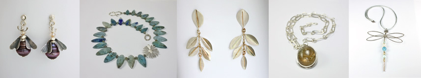 examples of roz's work including pendants and earrings